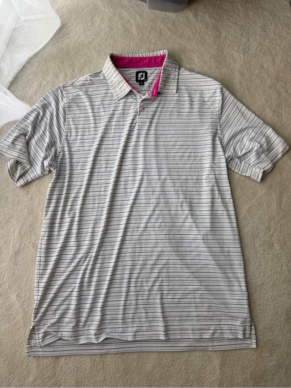 FootJoy White Island Country Club Polo Thin Gray Stripes and Pink Inner Collar